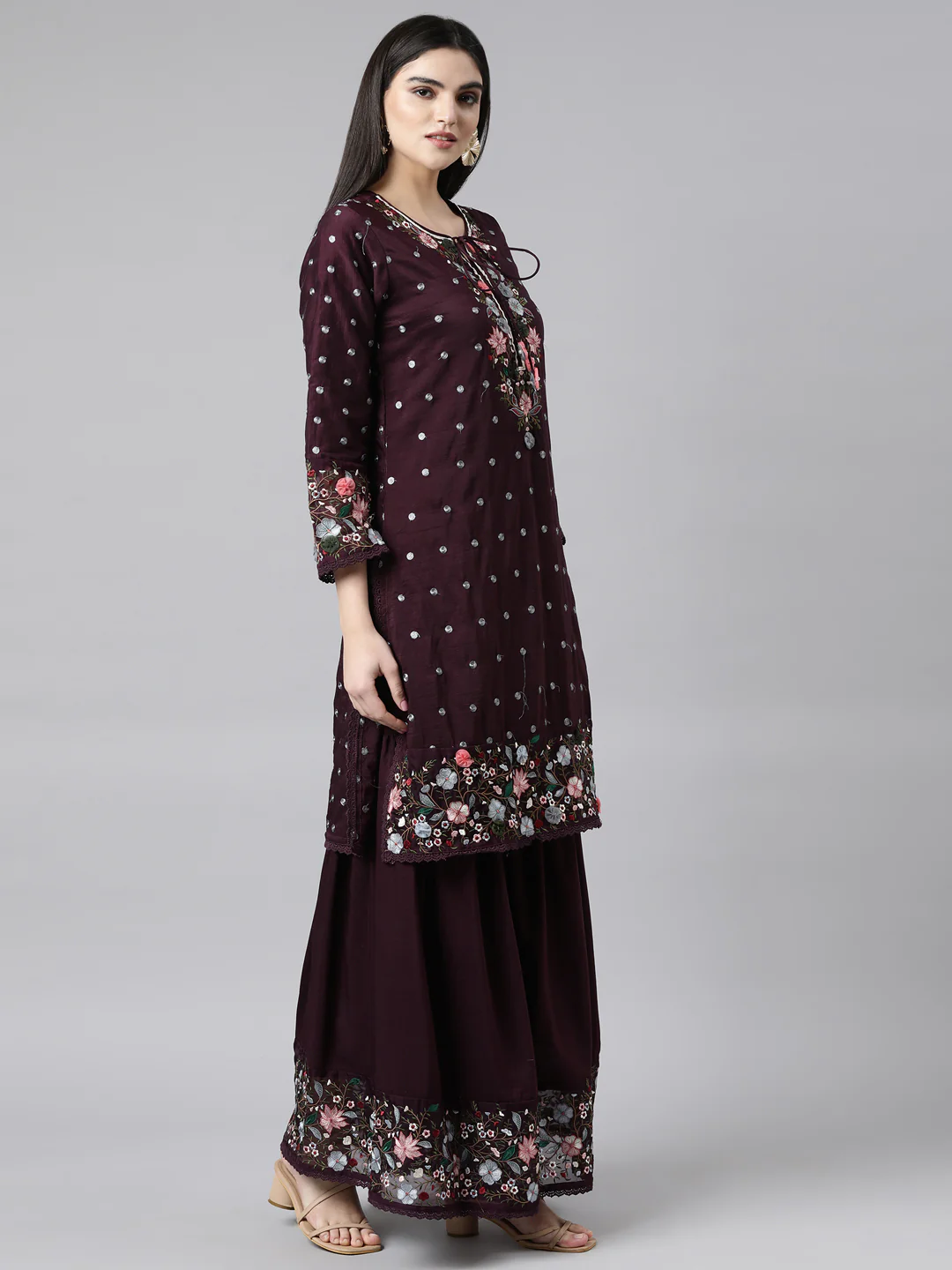 Neerus Purple Regular Straight Floral Kurta And Sharara With Dupatta - Image 2