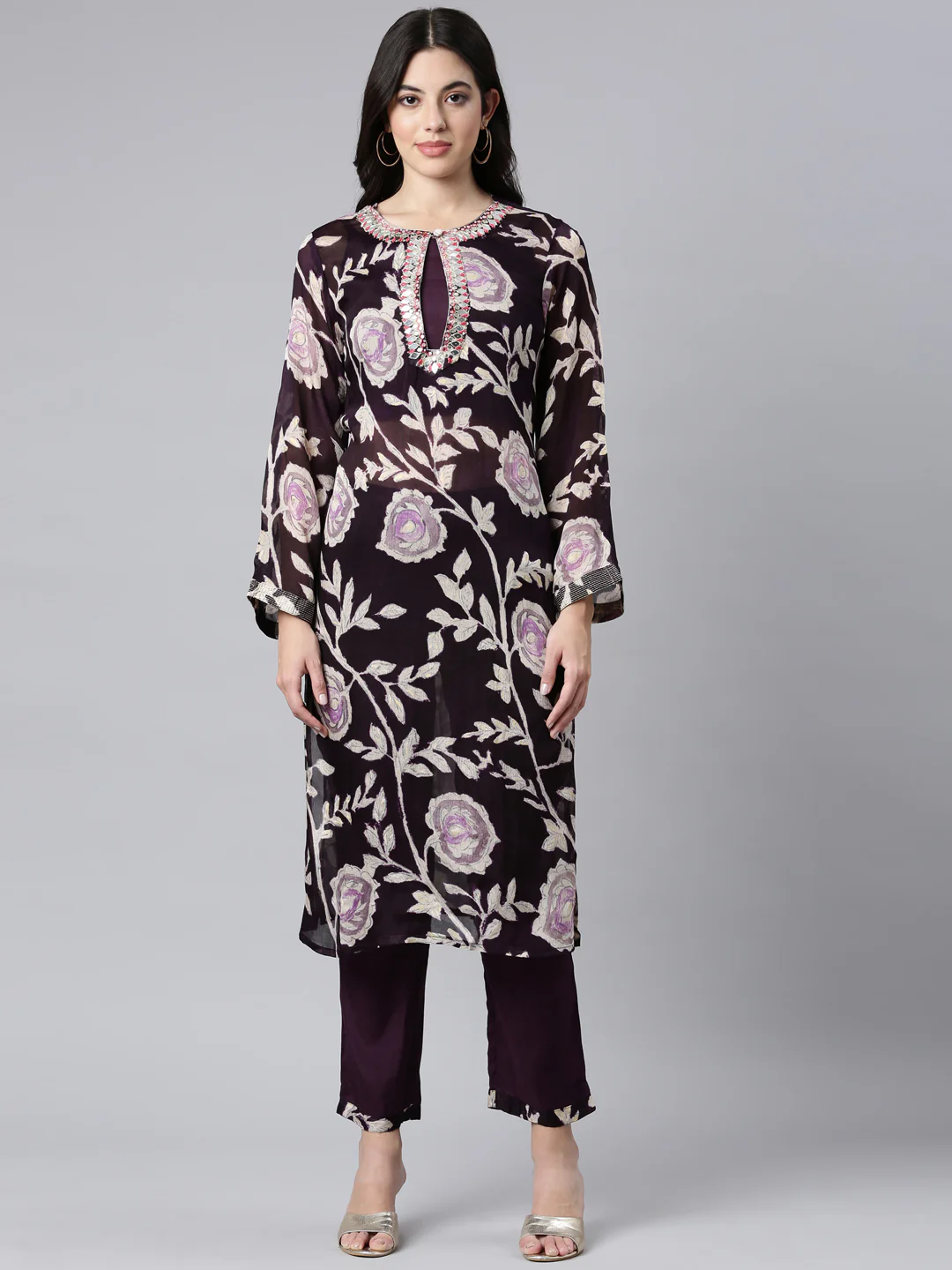 Neerus Purple Regular Straight Floral Kurta And Trousers With Dupatta