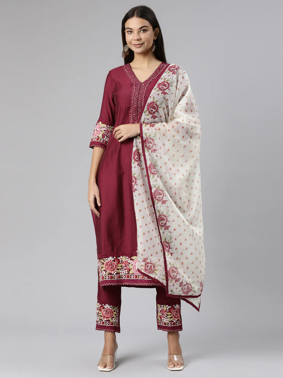 Neerus Purple Regular Straight Floral Kurta And Trousers With Dupatta