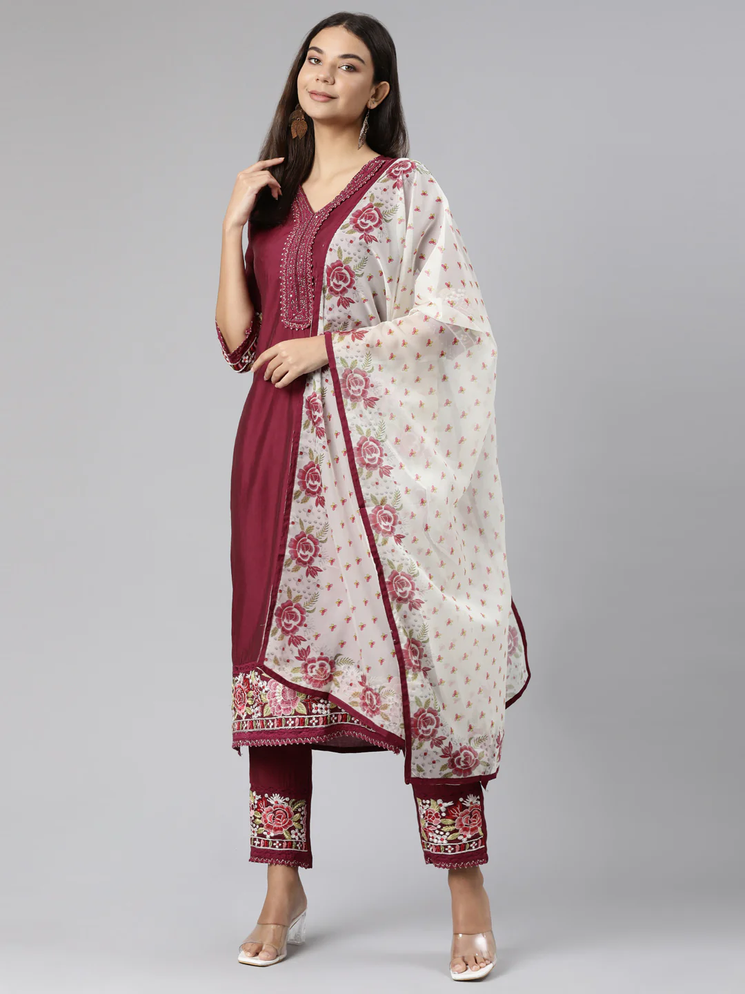 Neerus Purple Regular Straight Floral Kurta And Trousers With Dupatta - Image 5