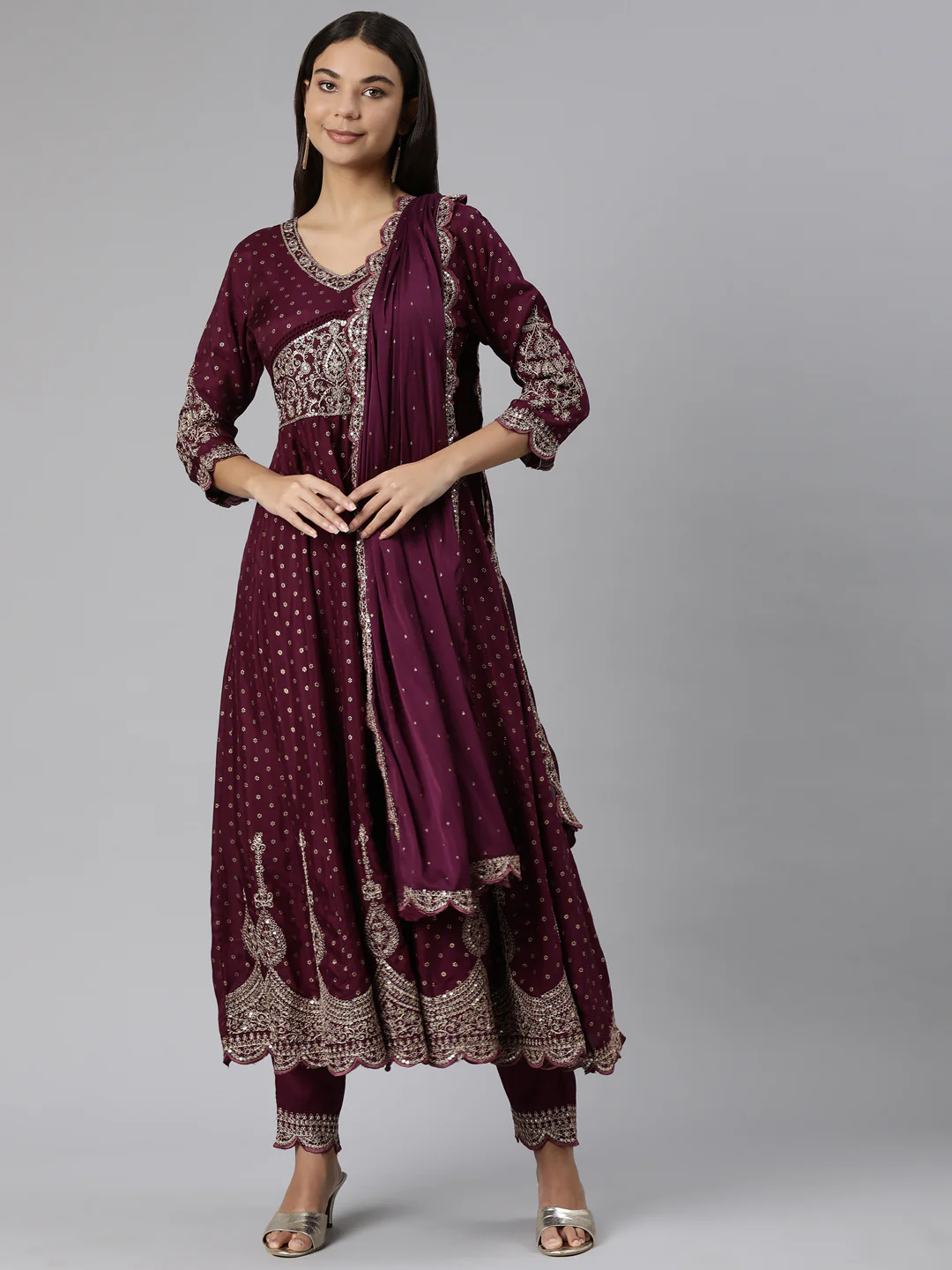 Neerus Purple Regular Straight Floral Kurta And Trousers With Dupatta