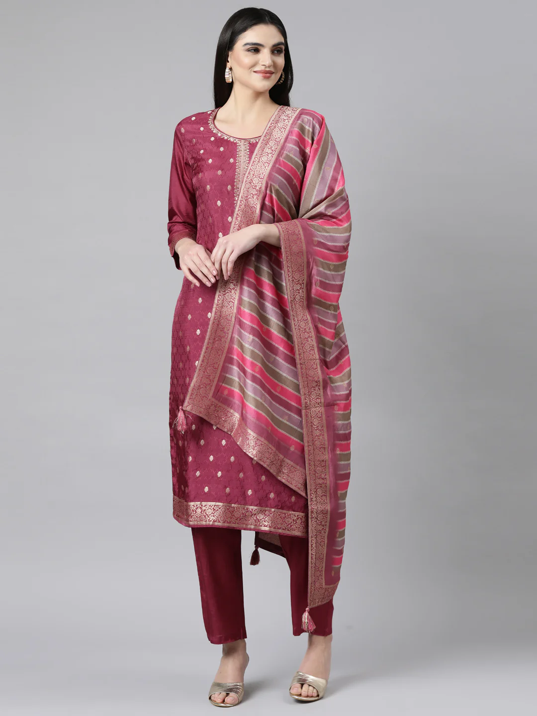Neerus Purple Regular Straight Floral Kurta And Trousers With Dupatta