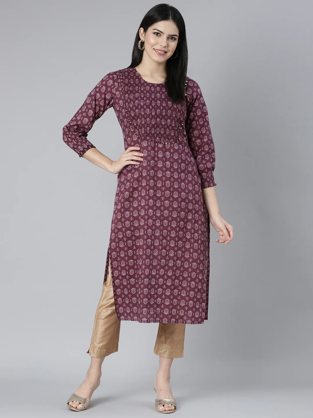 Neerus Purple Regular Straight Floral Kurta - Image 5