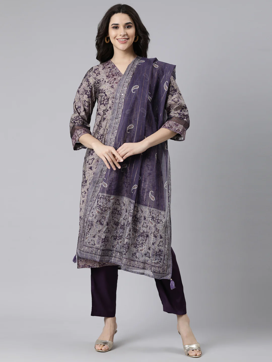 Neerus Purple Regular Straight Paisley Kurta And  Trousers With Dupatta
