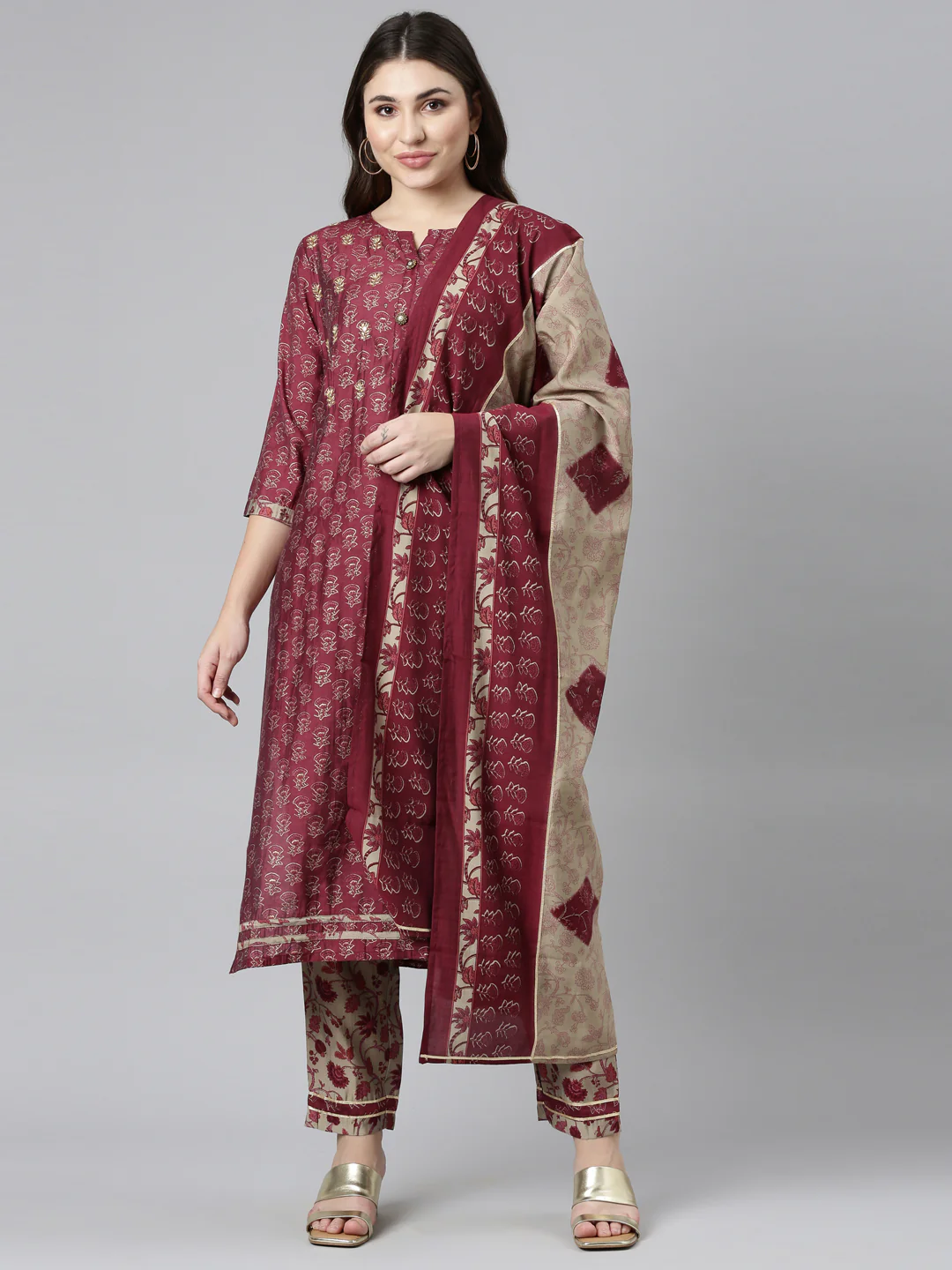 Neerus Purple Regular Straight Printed Kurta And Trousers With Dupatta