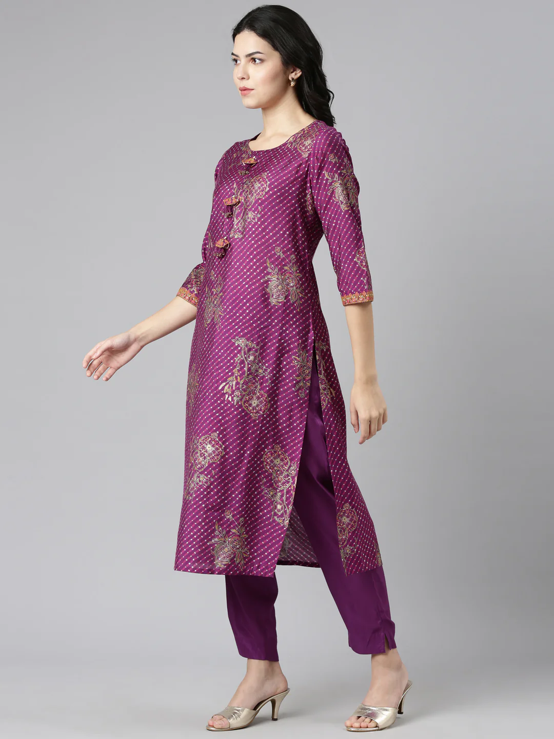 Neerus Purple Regular Straight Printed Kurta And Trousers With Dupatta - Image 2