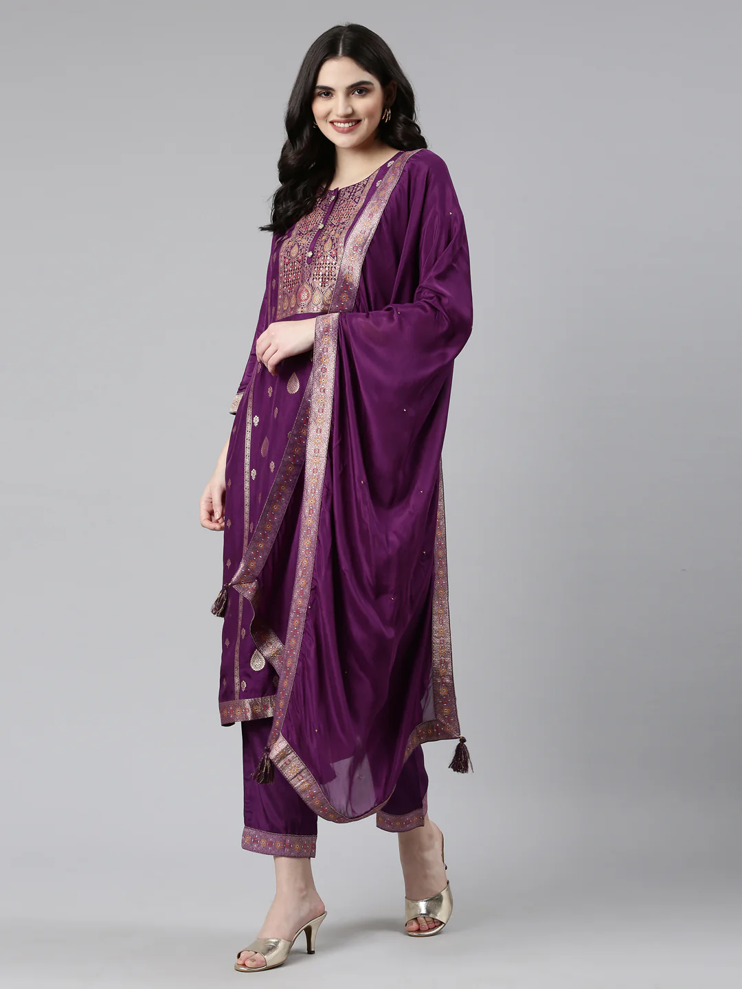 Neerus Purple Regular Straight Printed Kurta And Trousers With Dupatta - Image 5