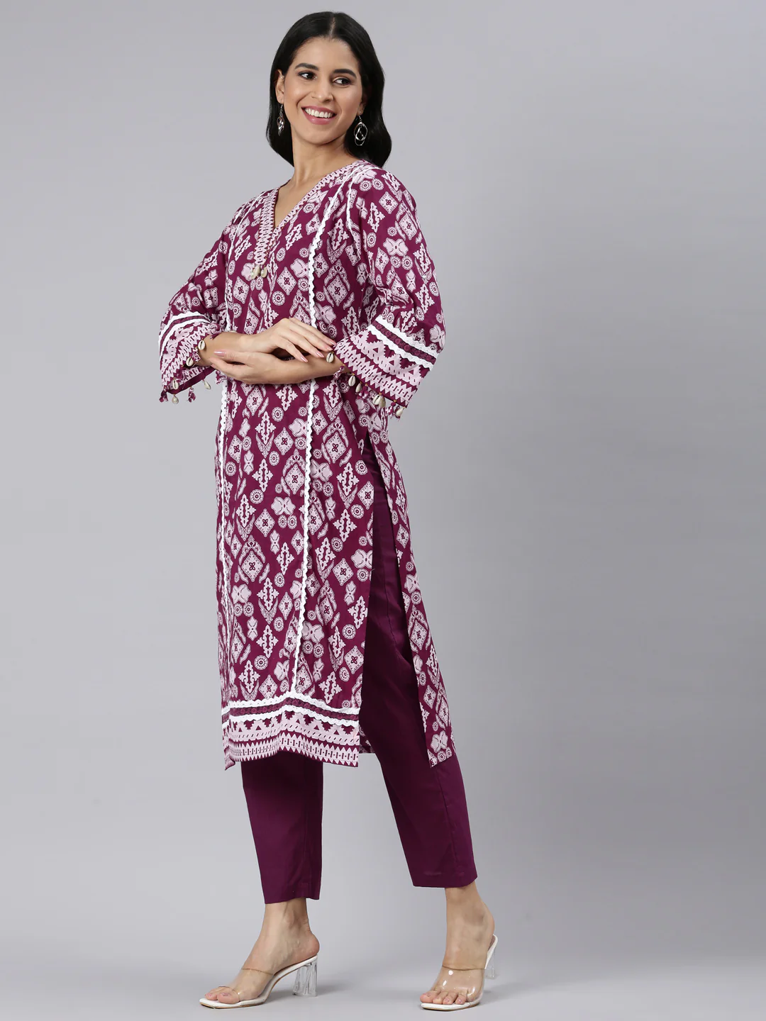 Neerus Purple Regular Straight Printed Kurta and Trousers With Dupatta - Image 2