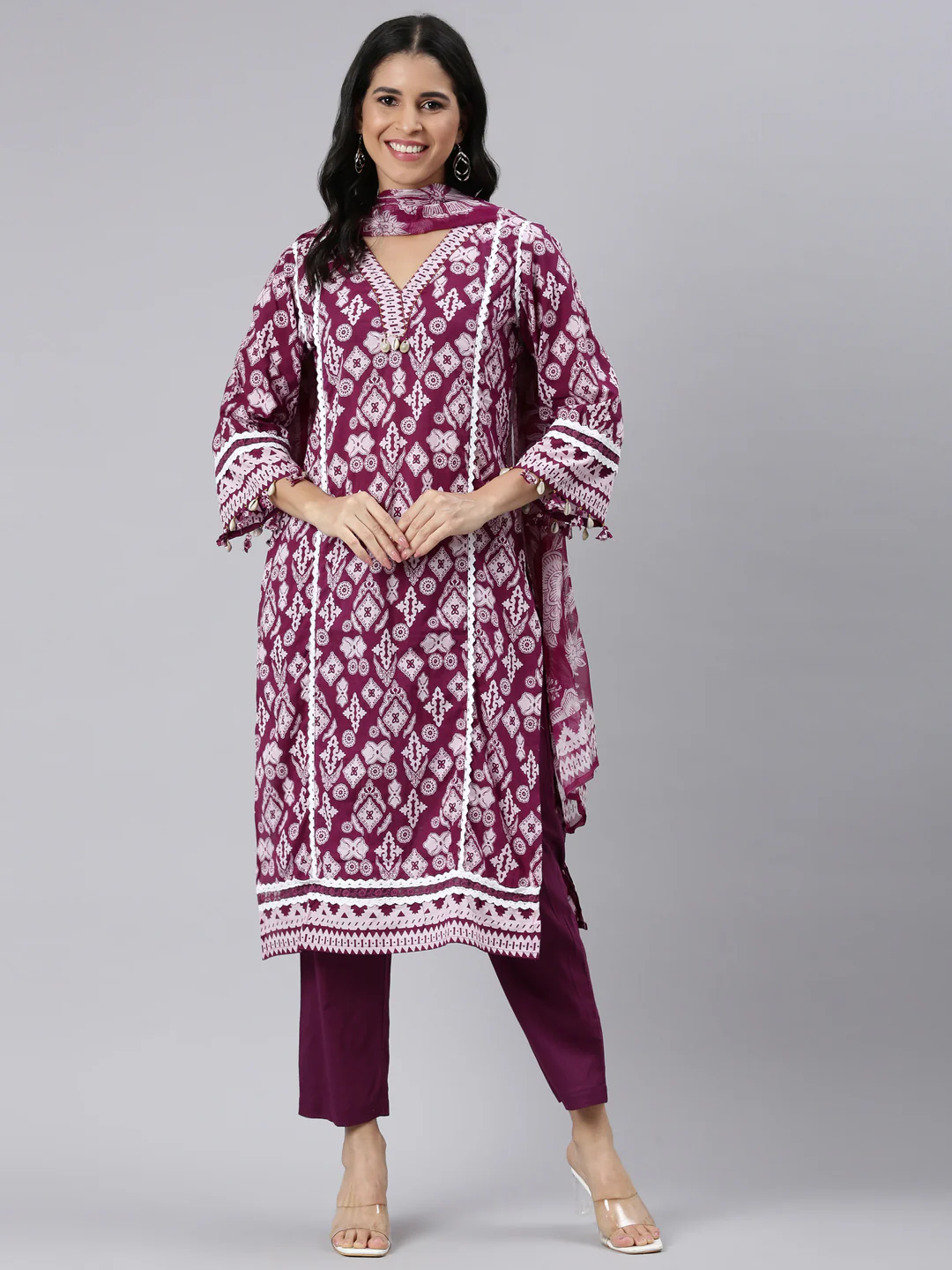 Neerus Purple Regular Straight Printed Kurta and Trousers With Dupatta - Image 5