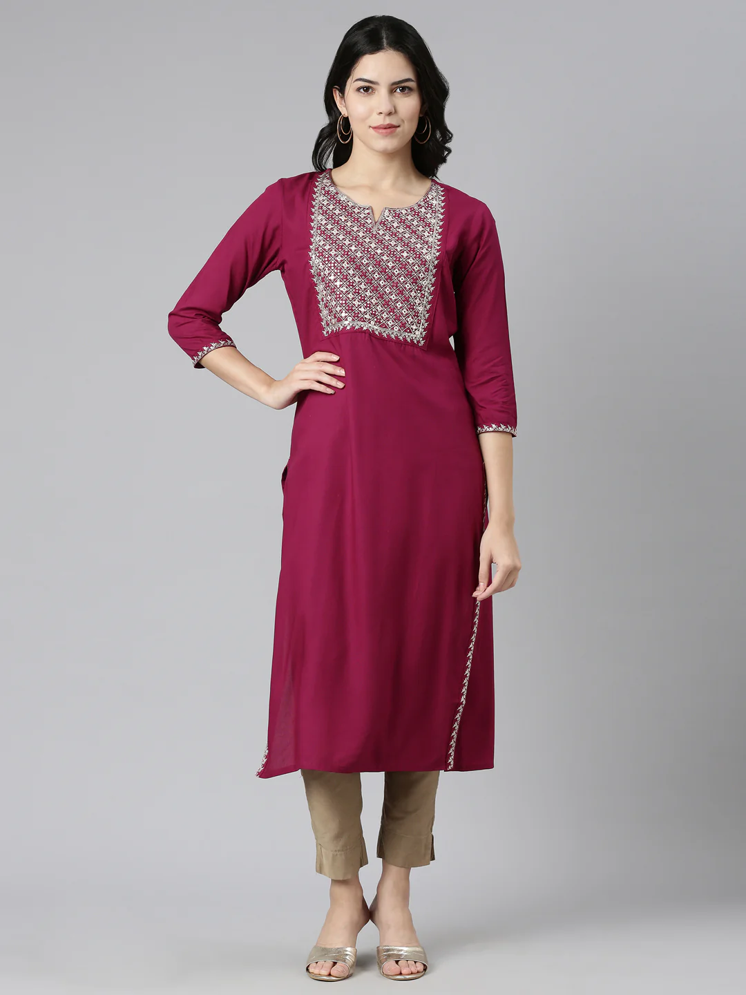 Neerus Purple Regular Straight Printed Kurta