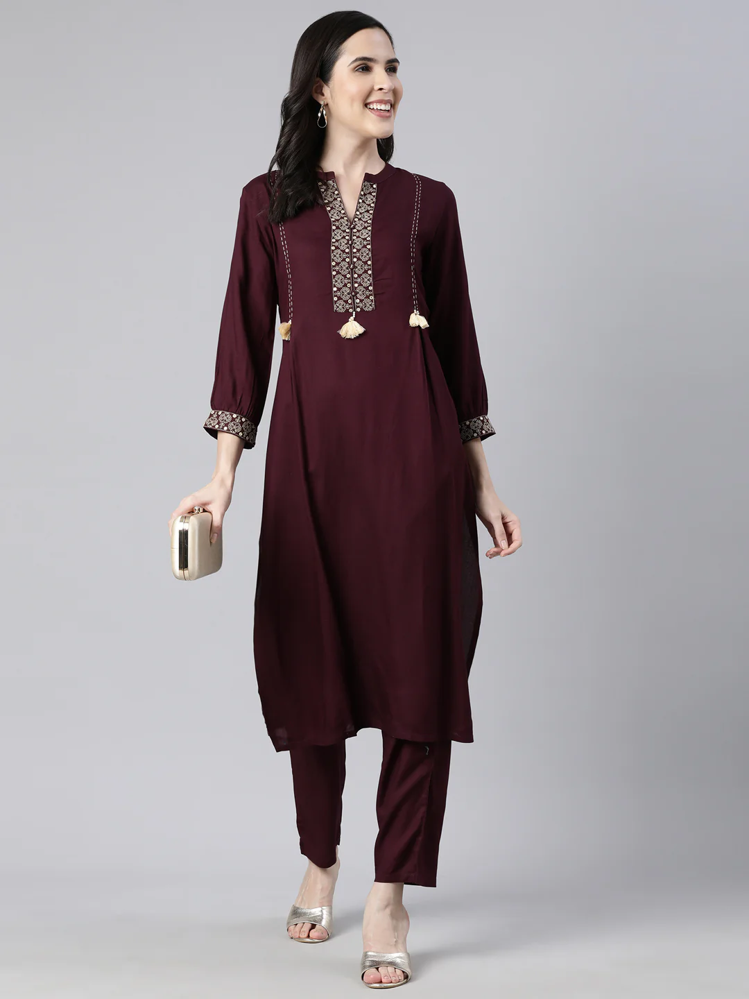 Neerus Purple Regular Straight Solid Kurta And Trousers