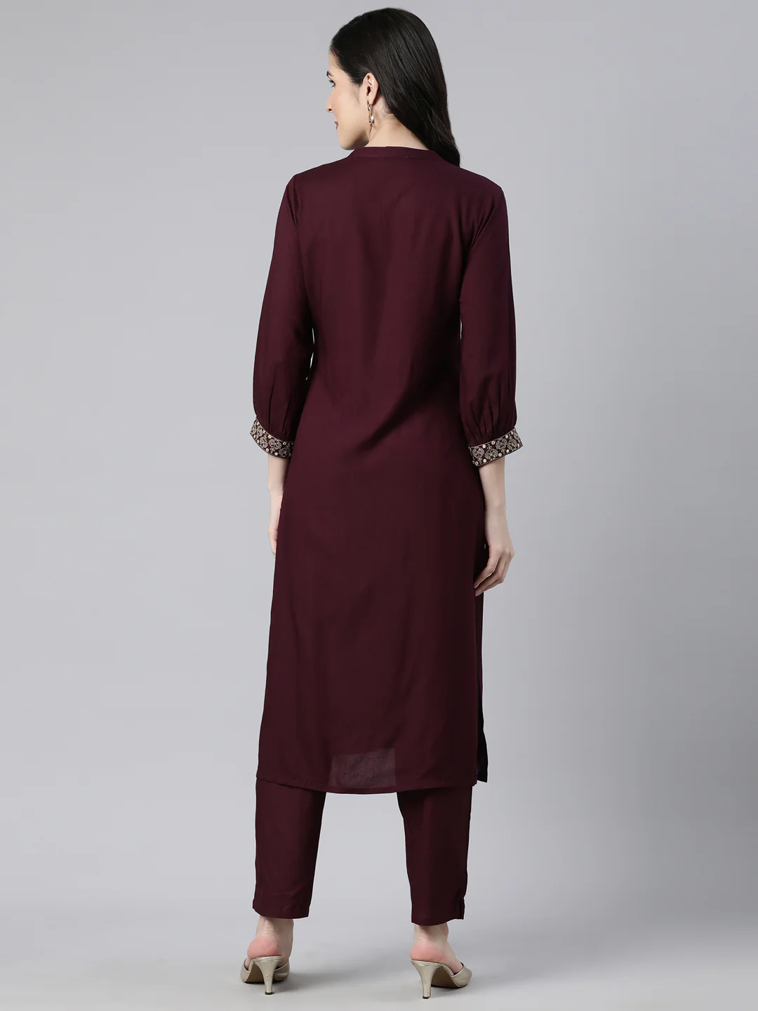 Neerus Purple Regular Straight Solid Kurta And Trousers - Image 3