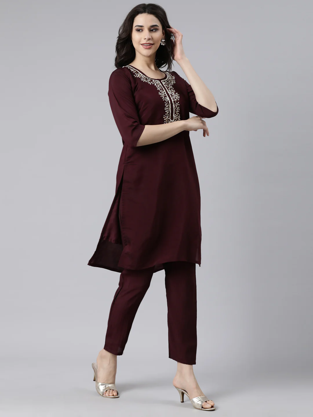 Neerus Purple Regular Straight Solid Kurta And Trousers With Dupatta - Image 2