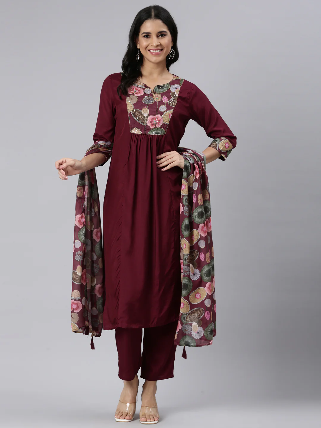 Neerus Purple Regular Straight Solid Kurta and Trousers With Dupatta - Image 5