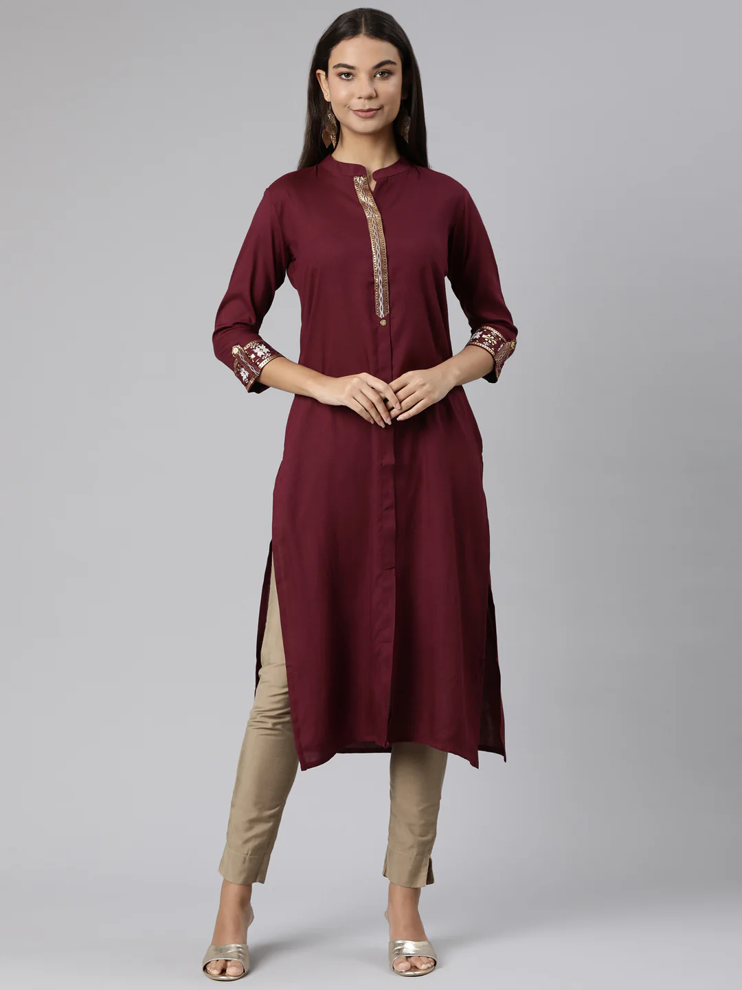 Neerus Purple Regular Straight Solid Kurta