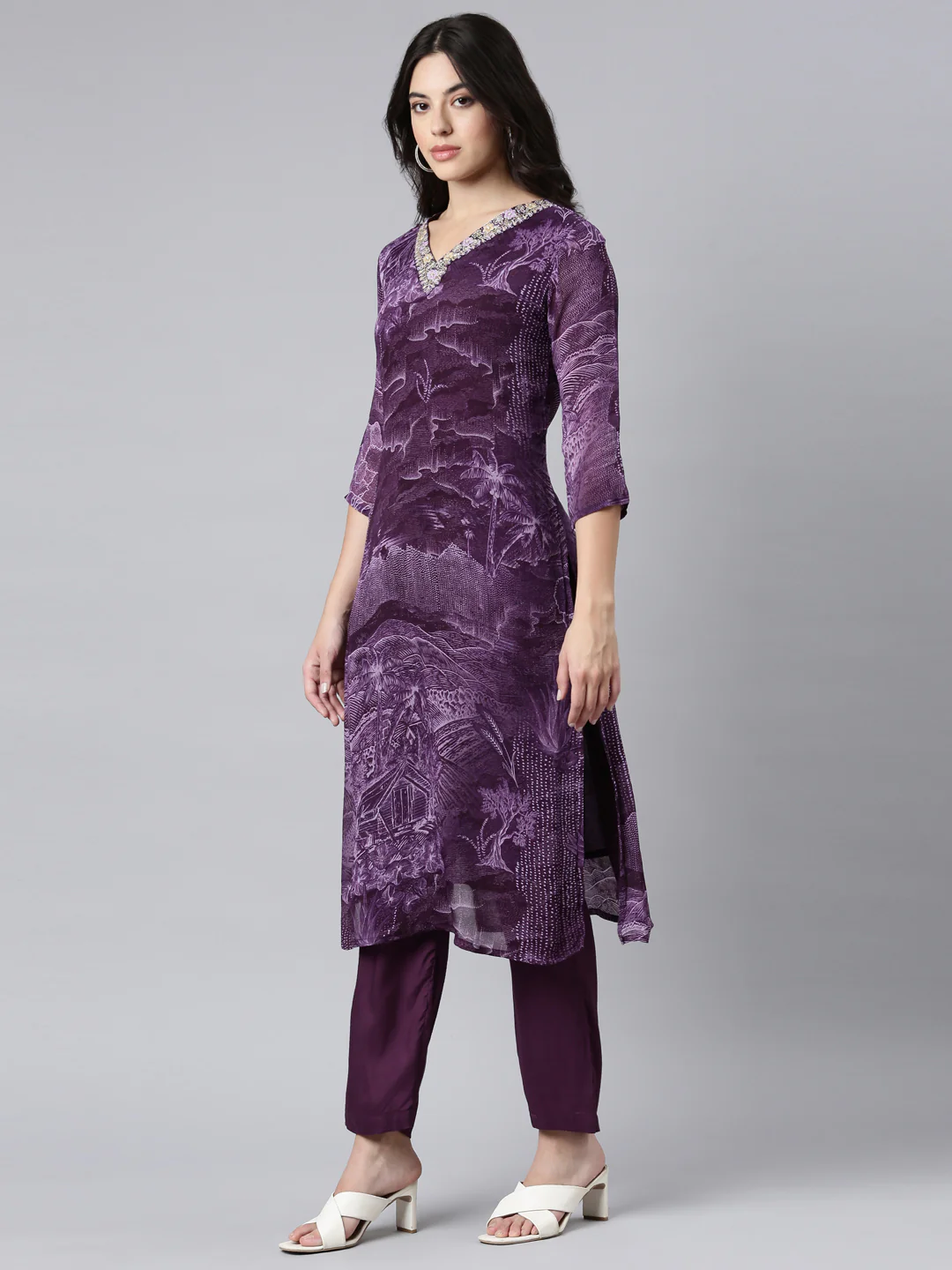 Neerus Purple Regular Straight Tribal Kurta And Trousers With Dupatta - Image 2