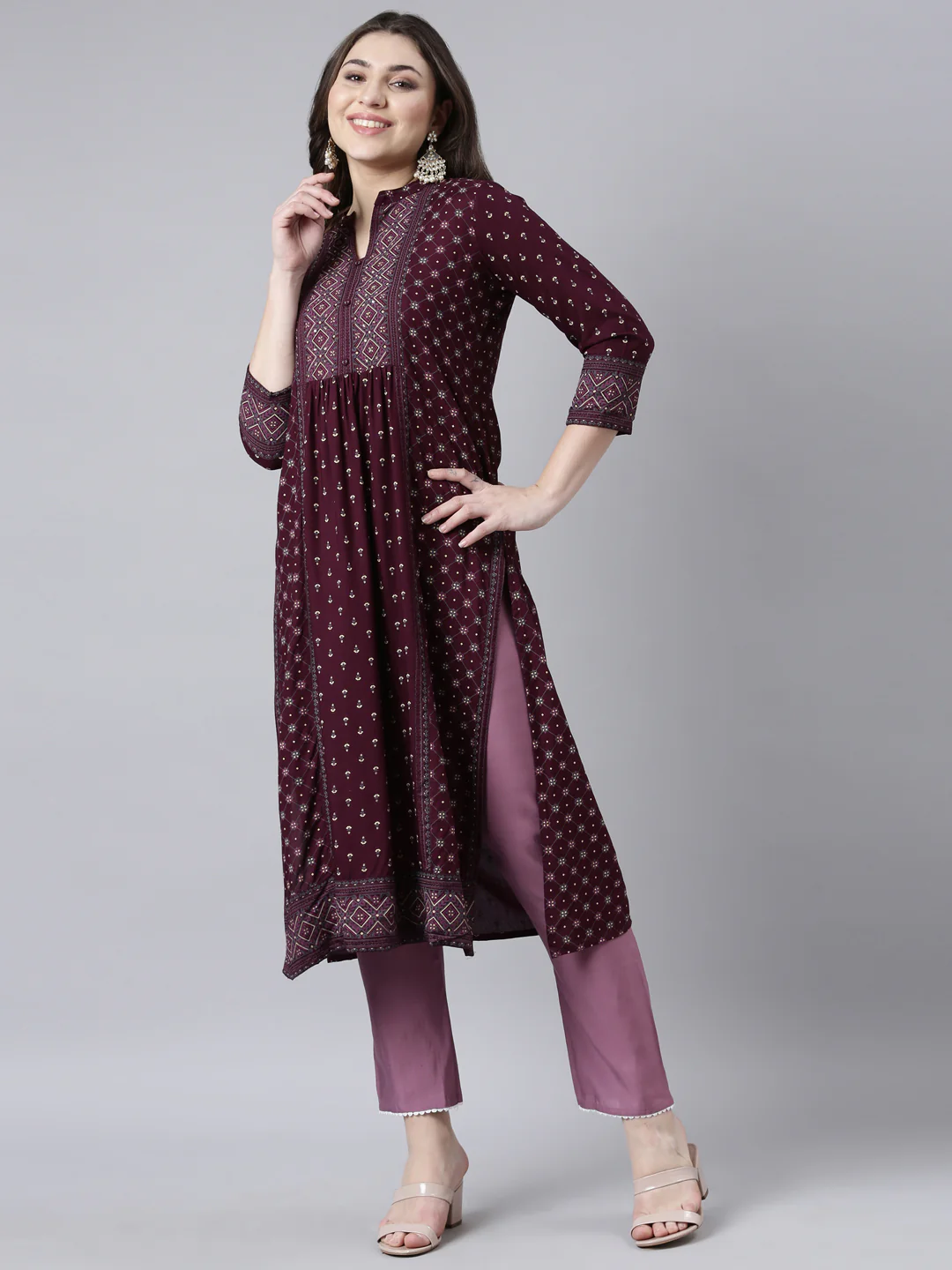 Neerus Purple Regular Straight Woven Design Kurta