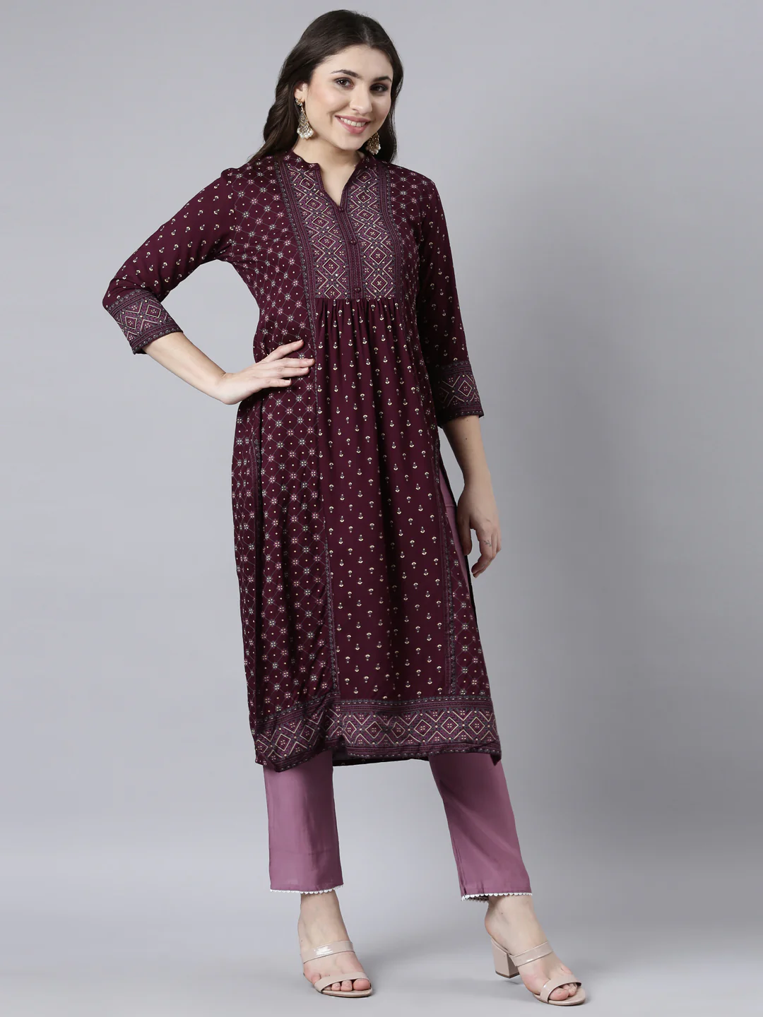 Neerus Purple Regular Straight Woven Design Kurta - Image 2