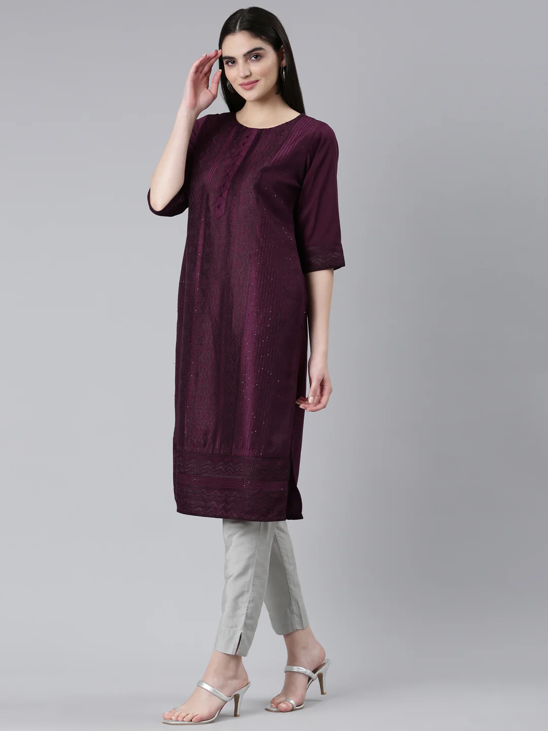 Neerus Purple Regular Straight Woven Design Kurta - Image 2