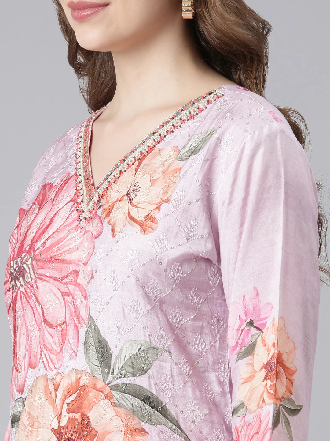 Neerus Purple Santoon Straight Casual Floral Kurta and Trouser with Dupatta - Image 2