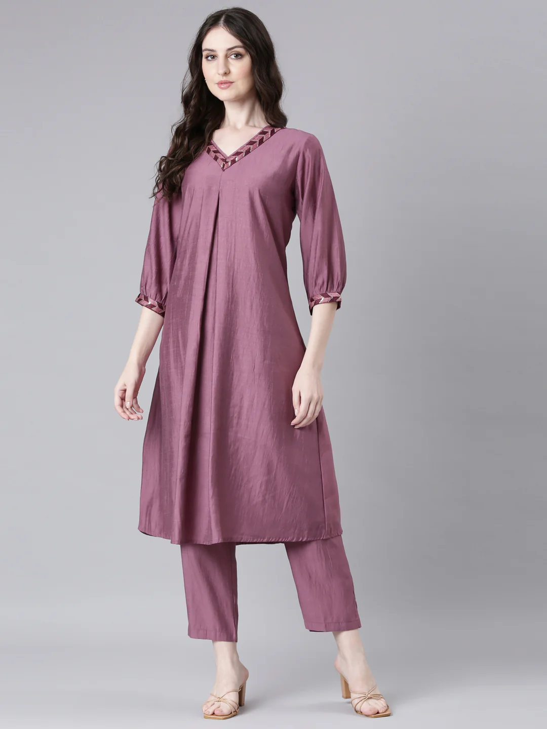 Neerus Purple Solid Straight Kurta and Trousers - Image 5