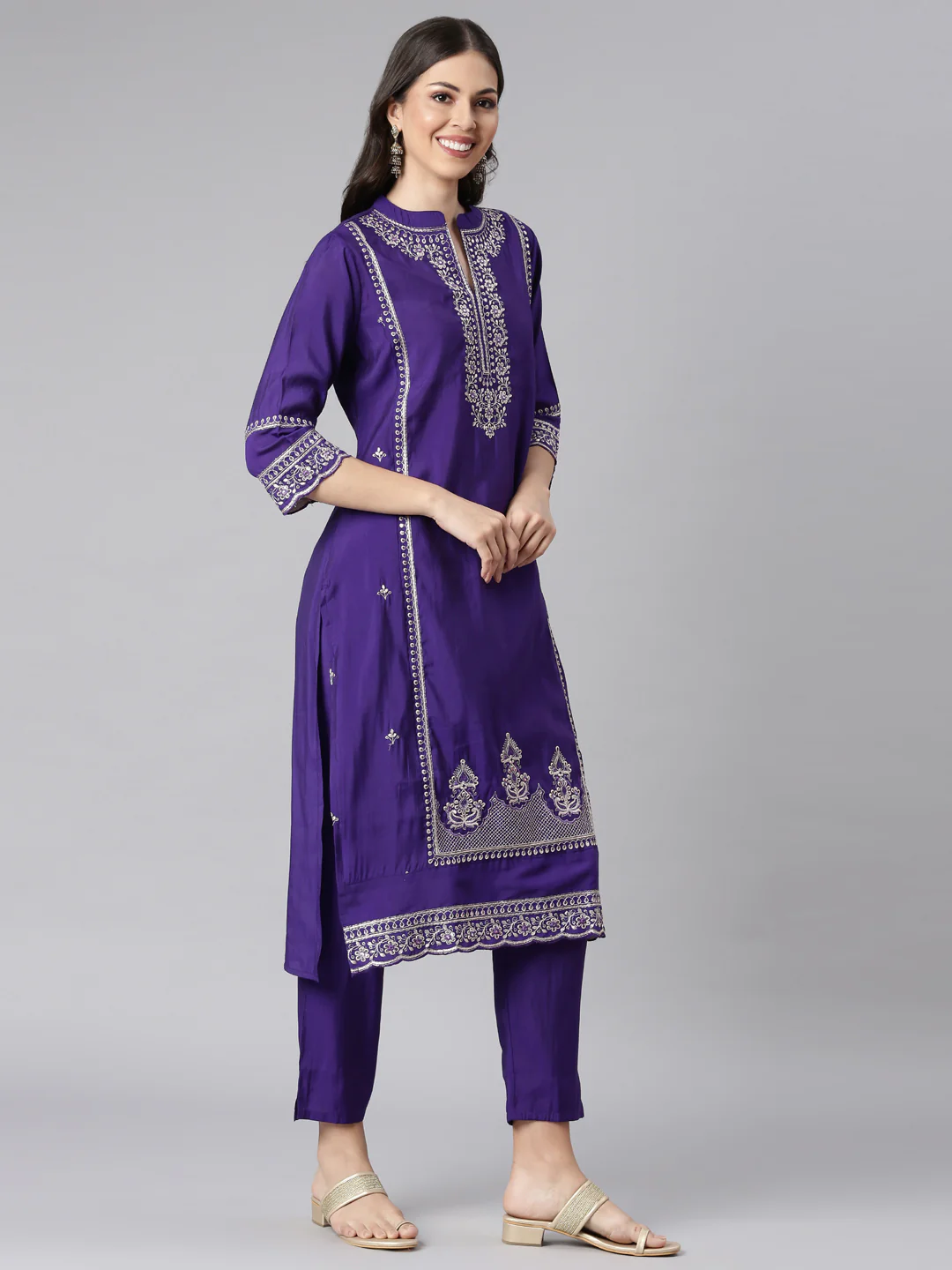 Neerus Purple Solid Straight Kurta and Trousers With Dupatta - Image 2