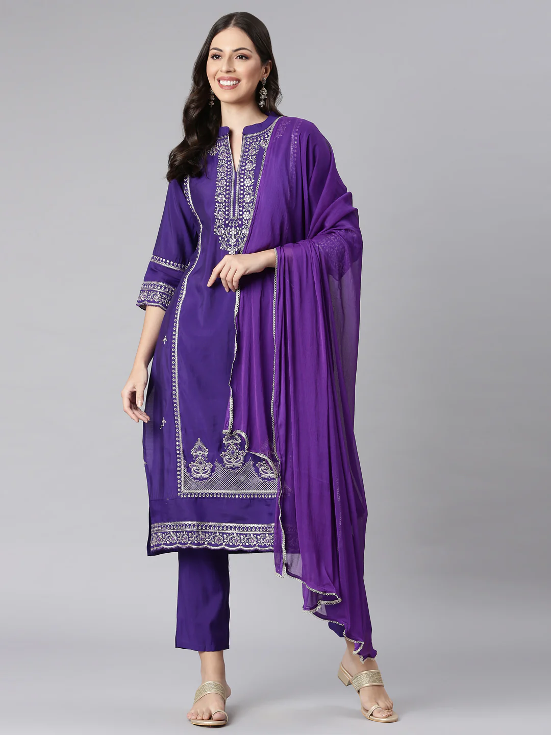 Neerus Purple Solid Straight Kurta and Trousers With Dupatta - Image 6