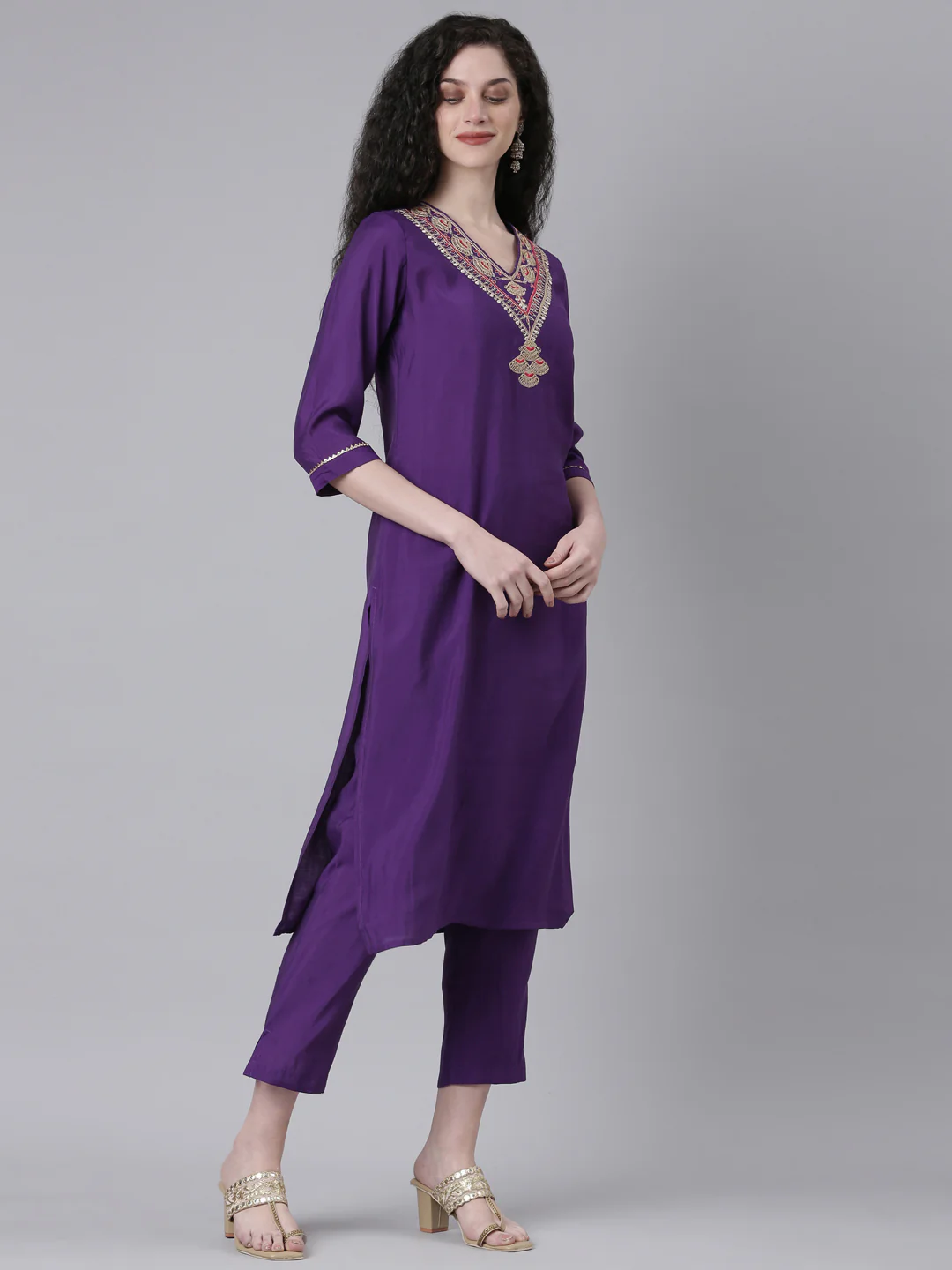 Neerus Purple Solid Straight Kurta and Trousers With Dupatta - Image 2