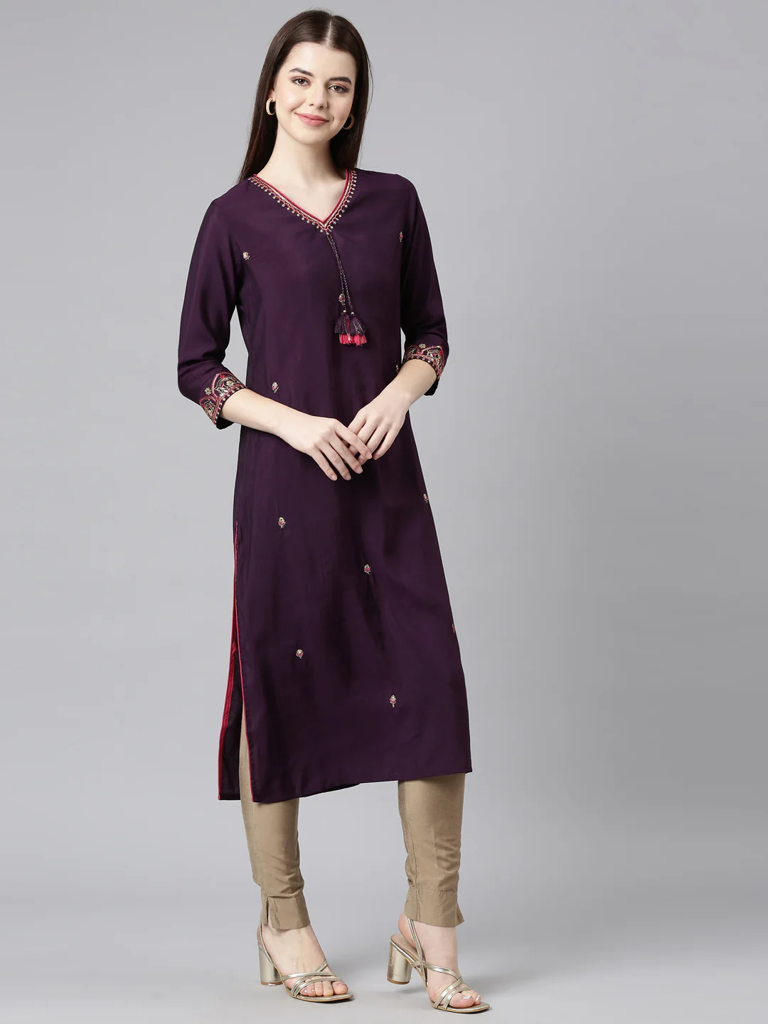 Neerus Purple Straight Casual Embellished Straight Kurta - Image 7