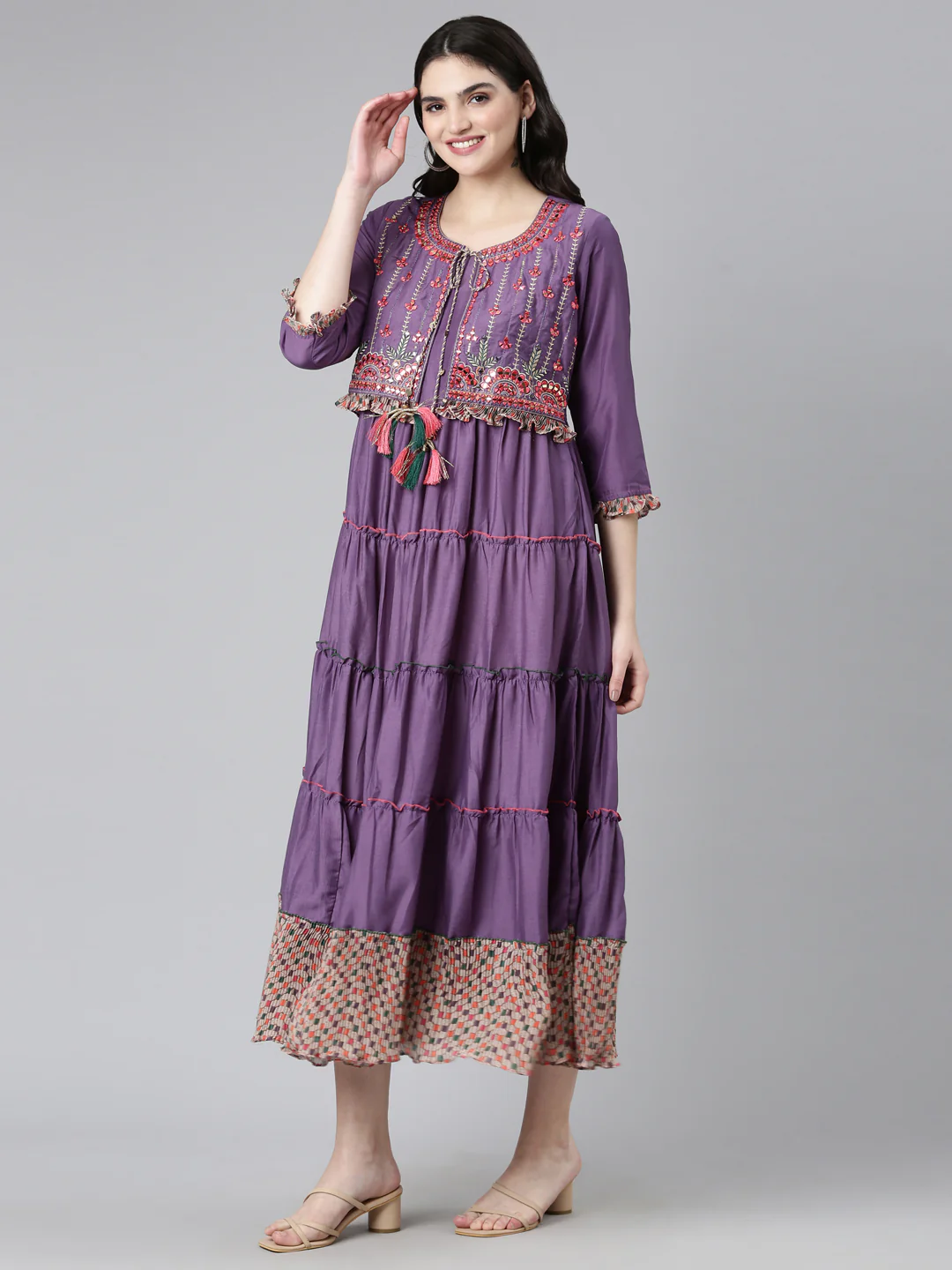 Neerus Purple Straight Casual Embroidered Dress - Image 2