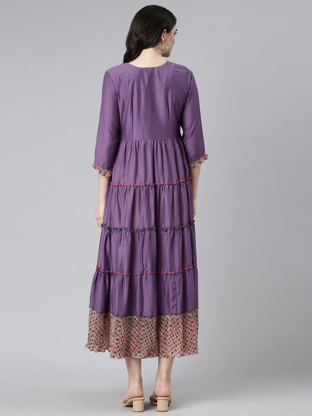 Neerus Purple Straight Casual Embroidered Dress - Image 3