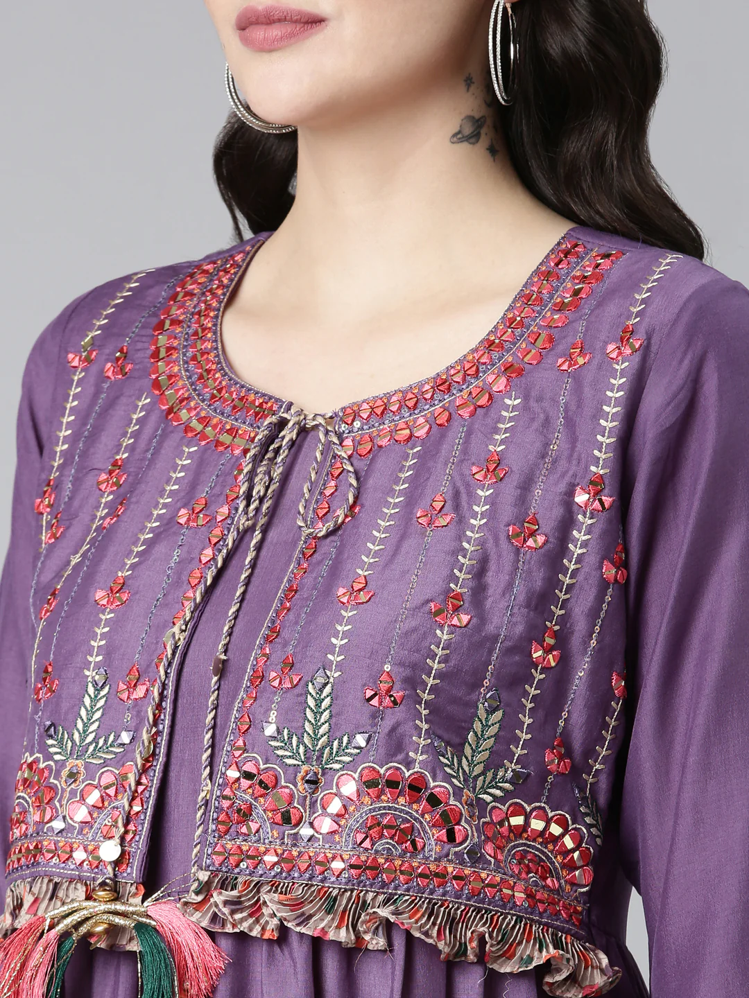 Neerus Purple Straight Casual Embroidered Dress - Image 4