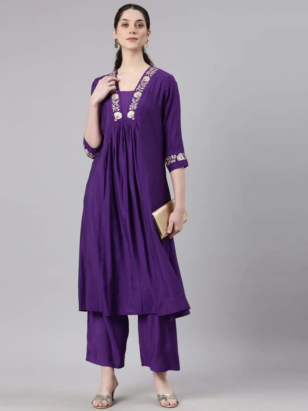 Neerus Purple Straight Casual Floral Kurta and Trouser - Image 6
