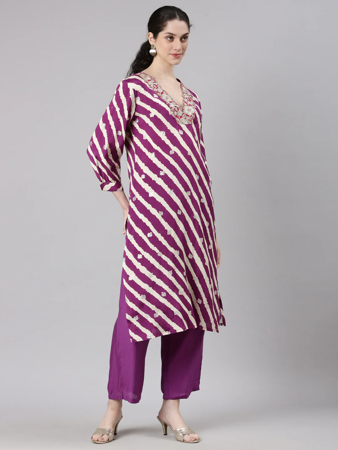 Neerus Purple Straight Casual Leheriya Kurta and Plazzo - Image 3