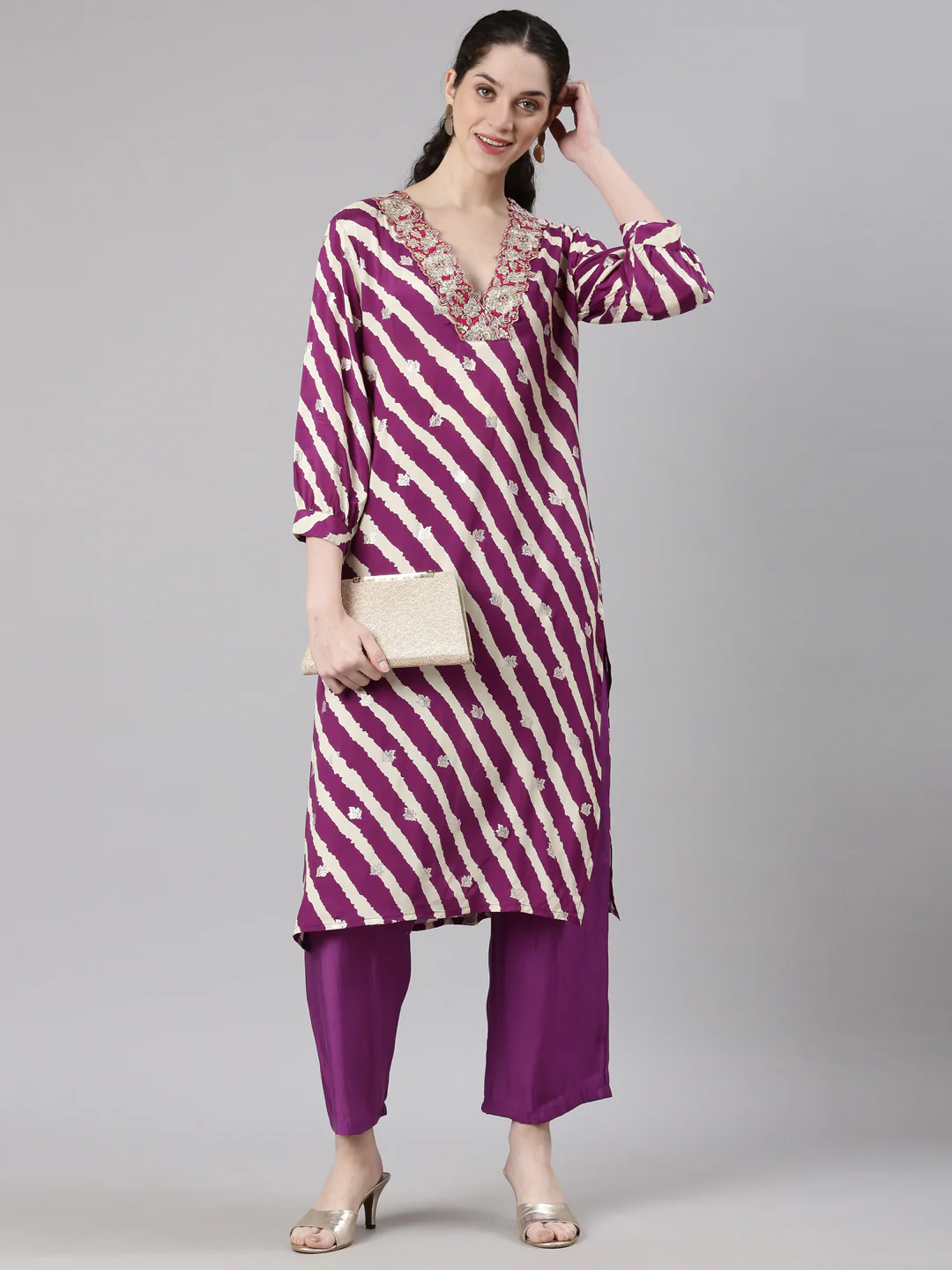 Neerus Purple Straight Casual Leheriya Kurta and Plazzo - Image 6