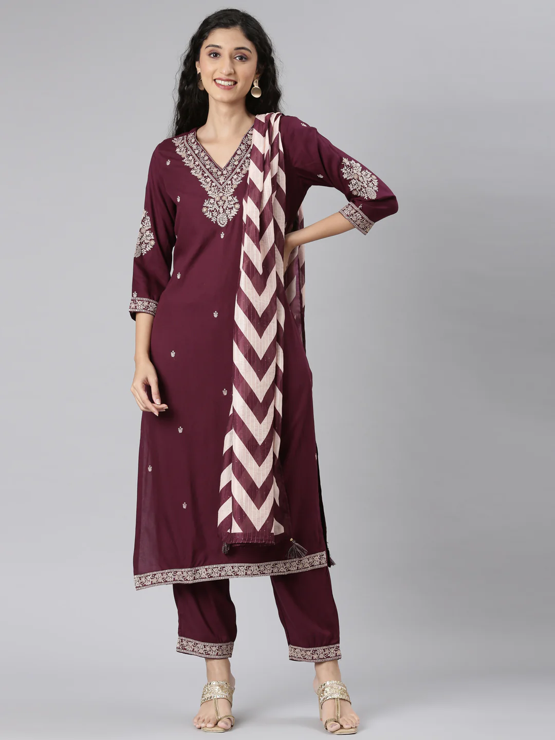 Neerus Purple Straight Casual Solid Kurta and Trouser with Dupatta - Image 6