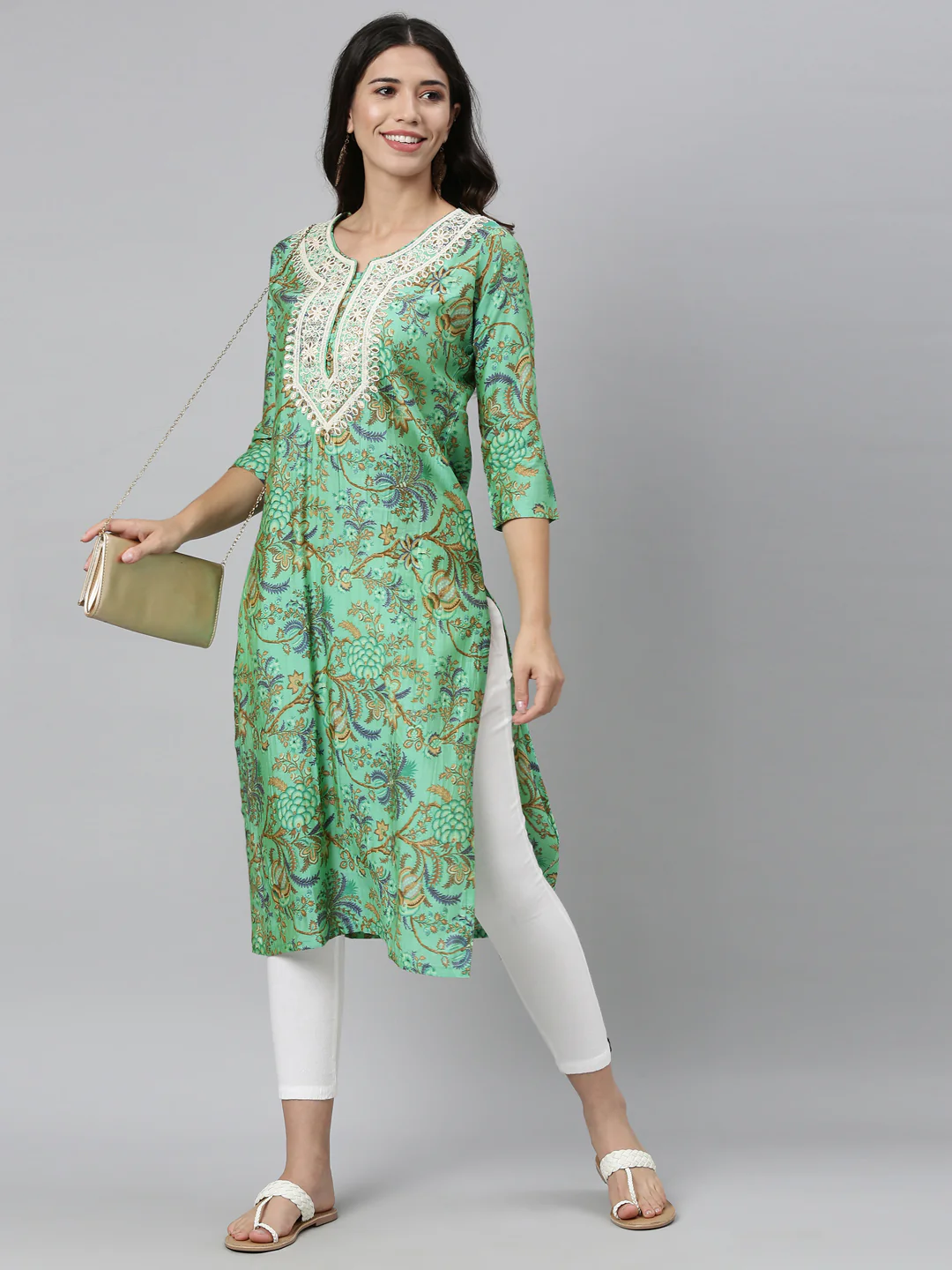 Neerus Rama Color Silk Fabric Kurta - Image 5
