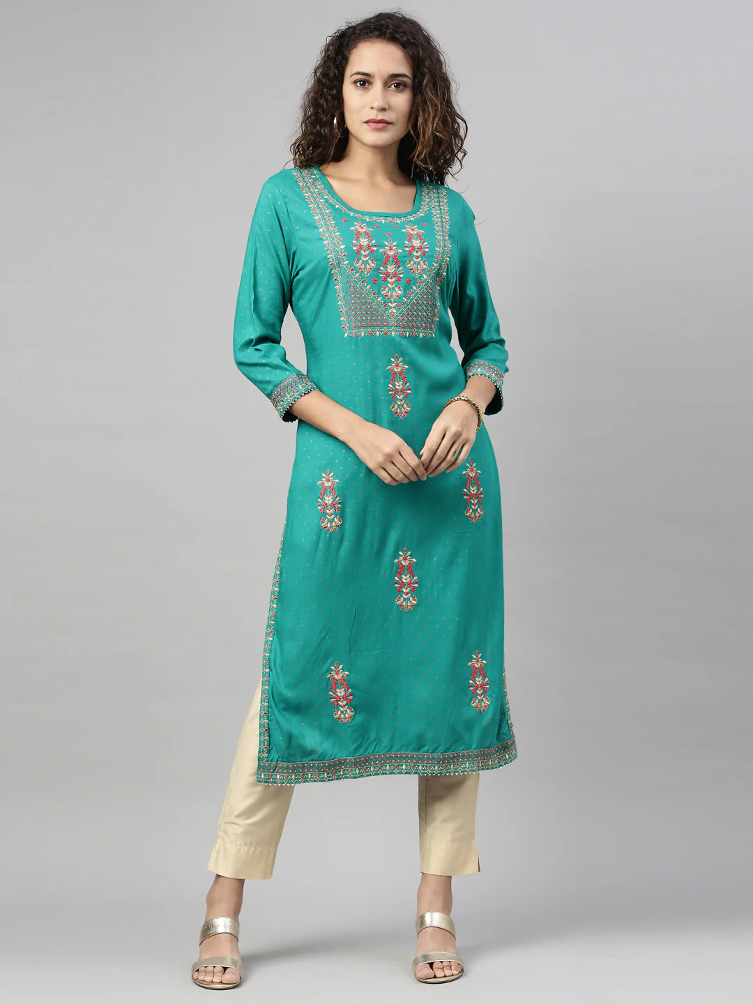 Neerus Rama Color Slub Rayon Fabric Kurta