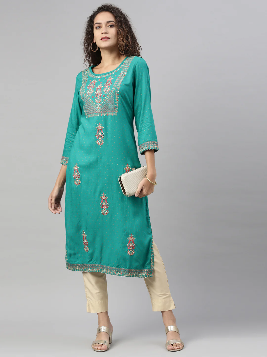 Neerus Rama Color Slub Rayon Fabric Kurta - Image 5