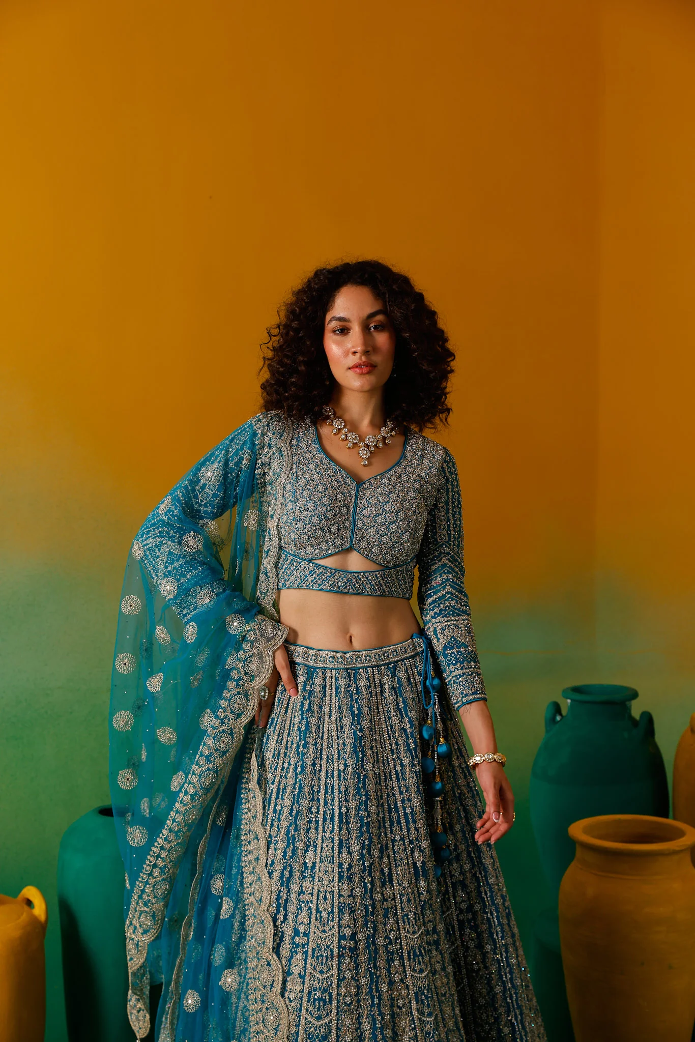 Neerus Rama Embroidery work Nett Fabric Ghagra Set - Image 17