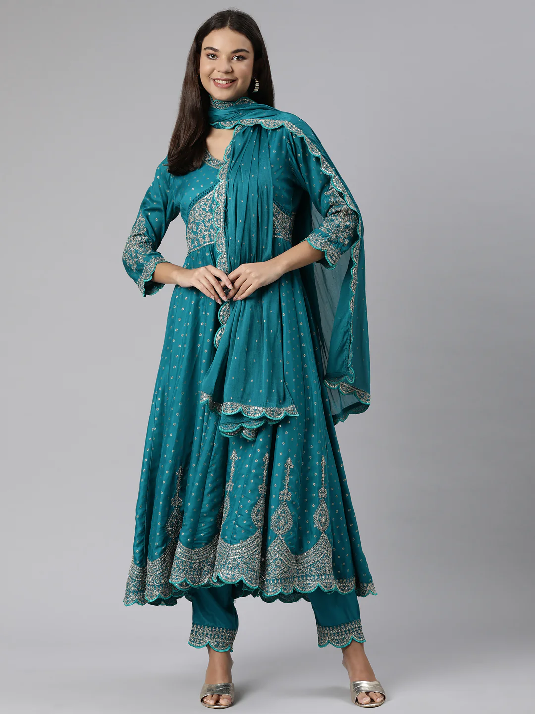 Neerus RAMA Regular Straight Floral Kurta And Trousers With Dupatta - Image 4