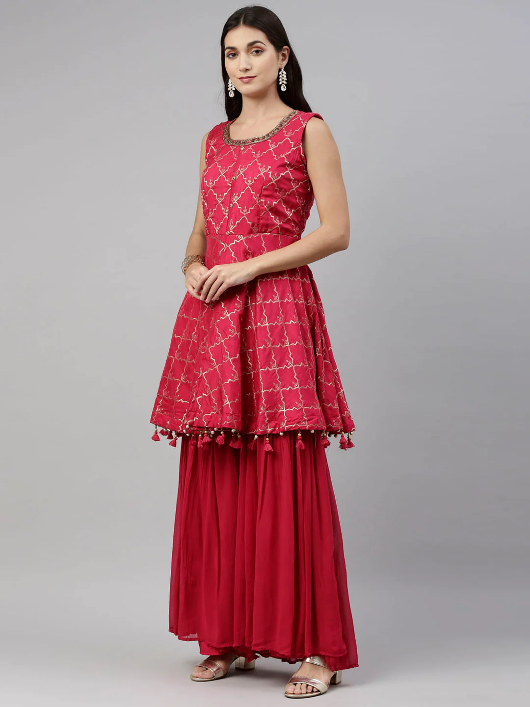 Neerus Rani Color Banaras Fabric Suit-Short Anarkali - Image 3
