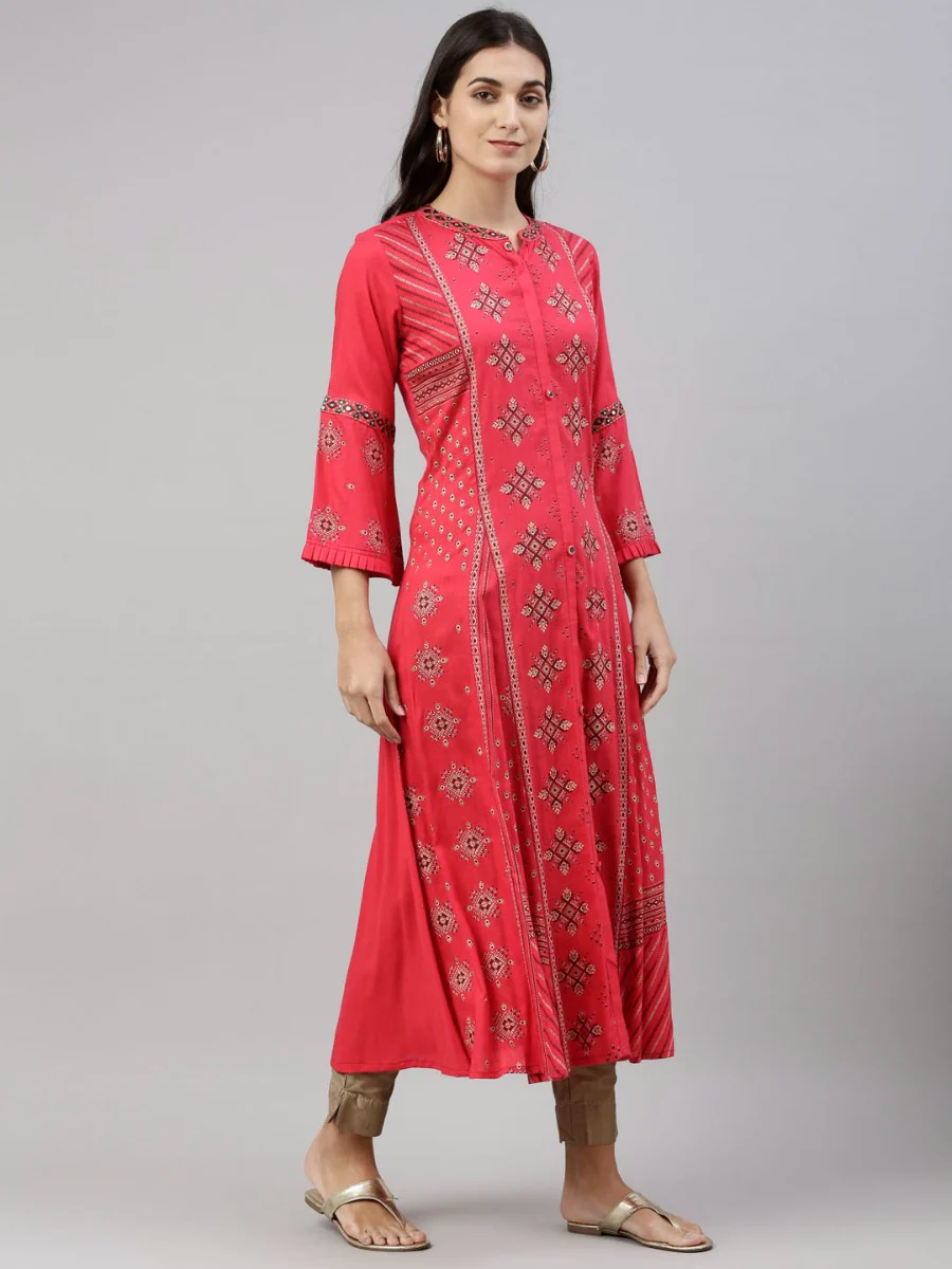 Neerus Rani Pink Color Slub Riyon Fabric Tunic - Image 6