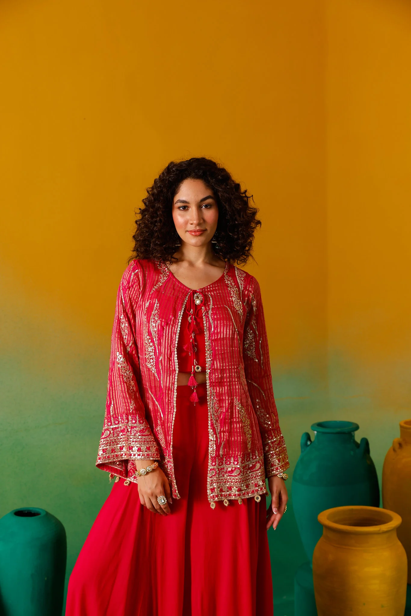 Neerus Rani Pink Embroidery Georgette Fabric Fusion Set. - Image 12