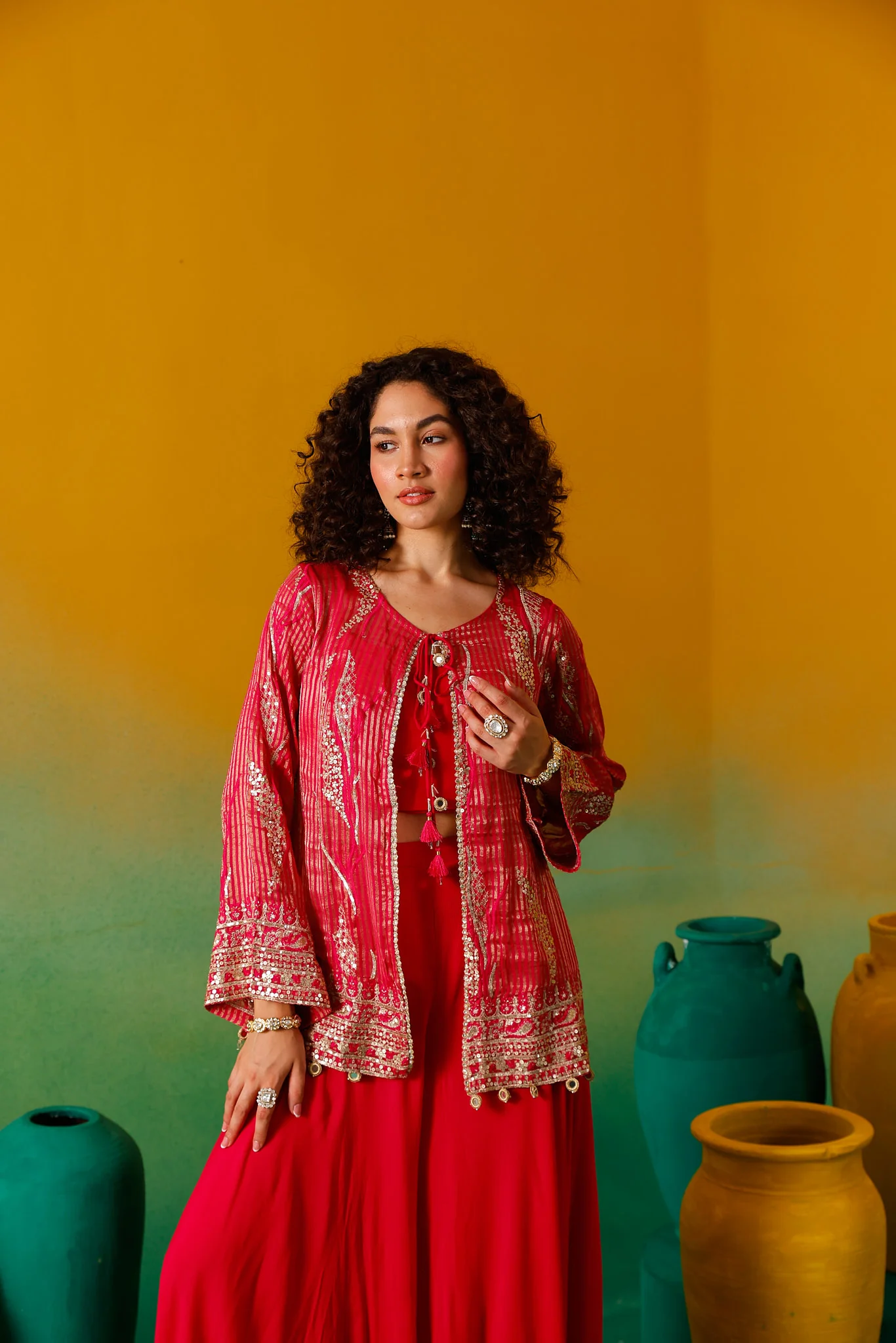 Neerus Rani Pink Embroidery Georgette Fabric Fusion Set. - Image 13