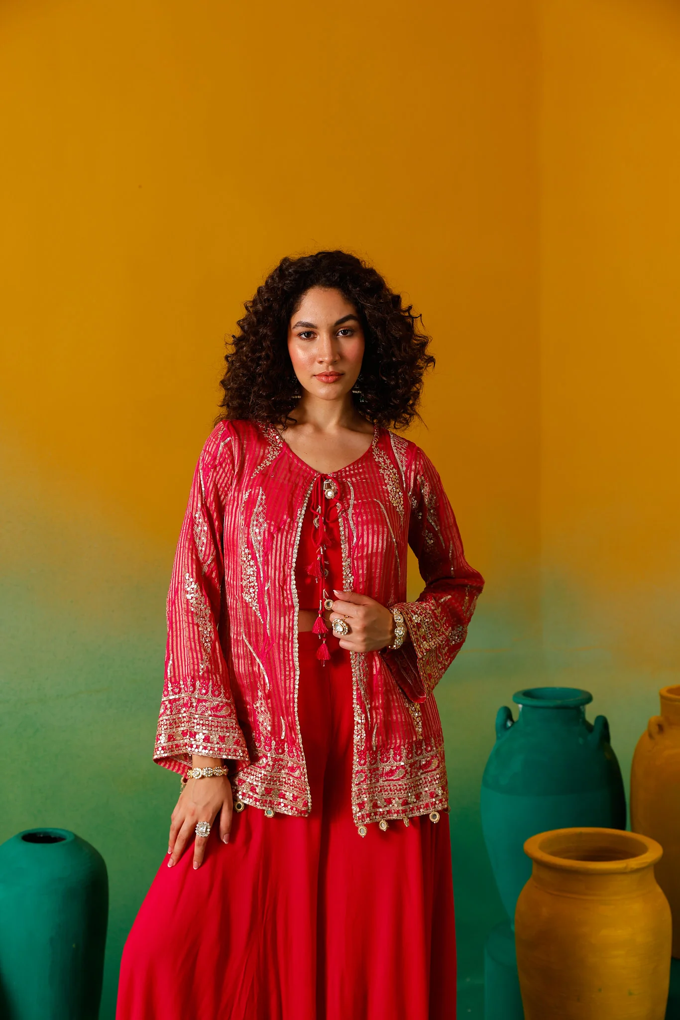 Neerus Rani Pink Embroidery Georgette Fabric Fusion Set. - Image 14
