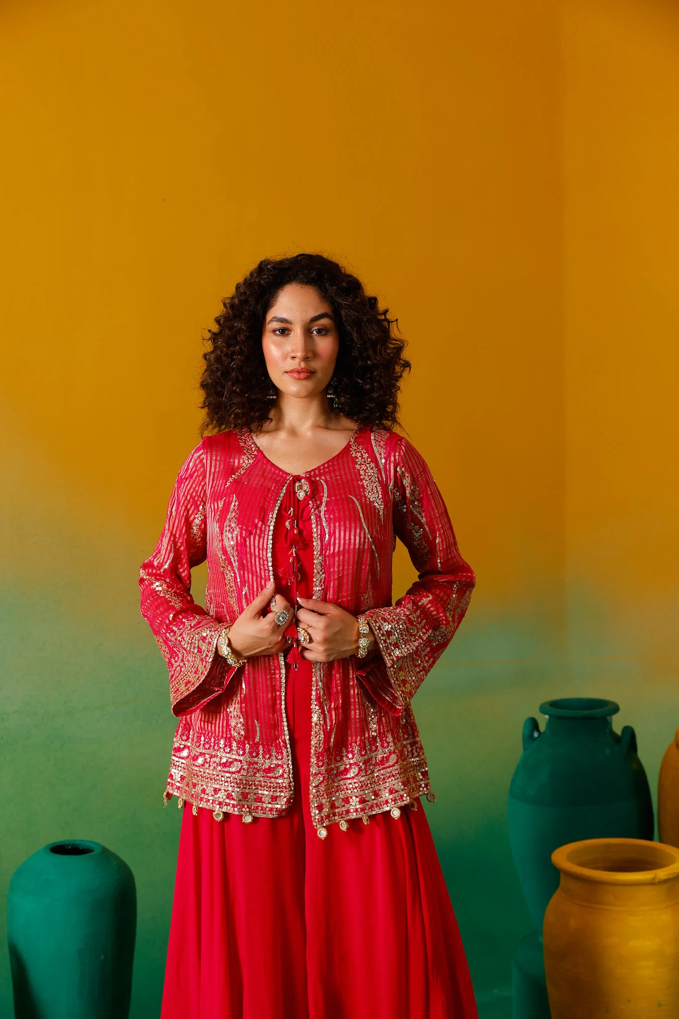 Neerus Rani Pink Embroidery Georgette Fabric Fusion Set. - Image 15