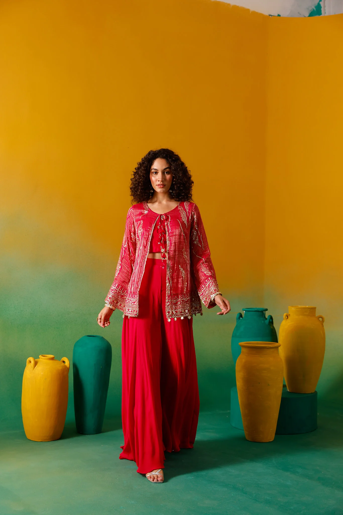 Neerus Rani Pink Embroidery Georgette Fabric Fusion Set. - Image 7