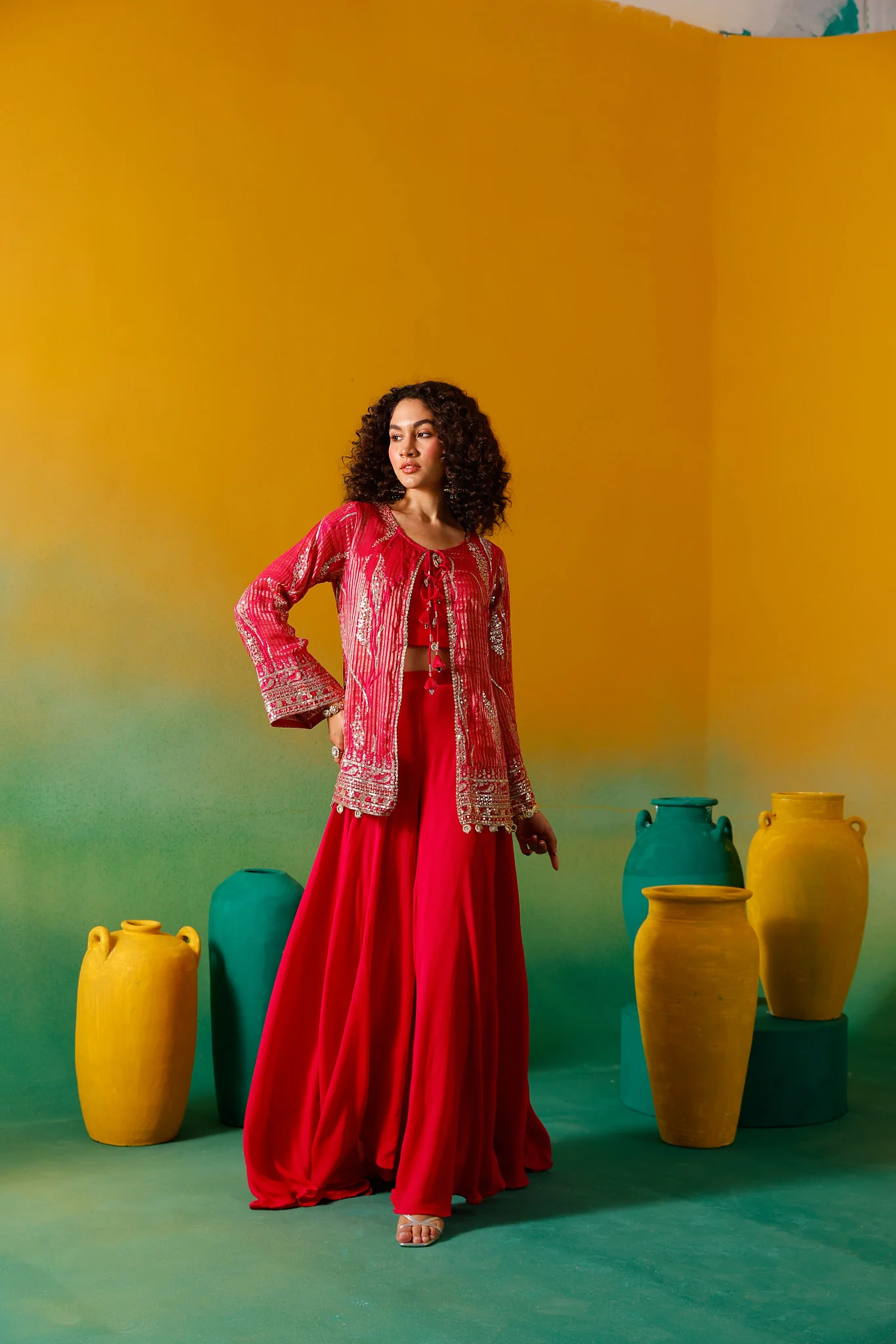 Neerus Rani Pink Embroidery Georgette Fabric Fusion Set. - Image 8
