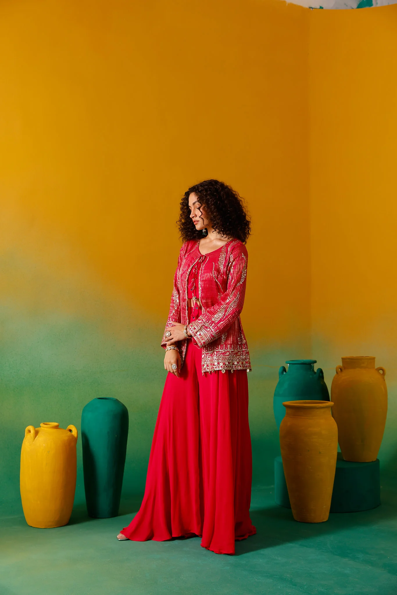 Neerus Rani Pink Embroidery Georgette Fabric Fusion Set. - Image 9